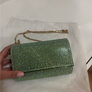 Olga Berg Green Crystal Rhinestone Clutch with Gold Chain